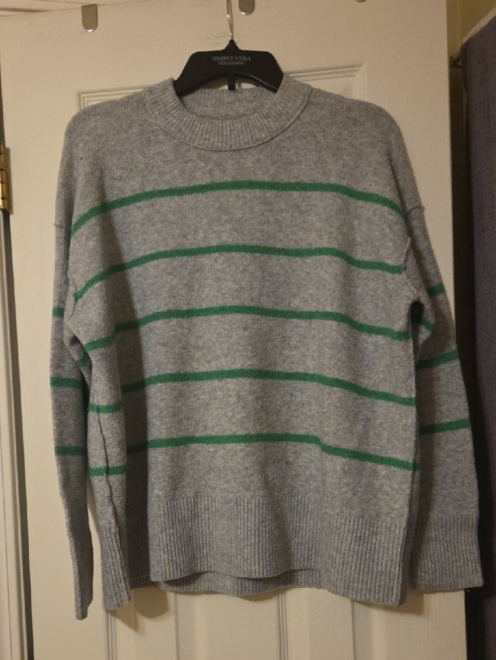 aerie Light Gray Crewneck Sweater with Green Stripes